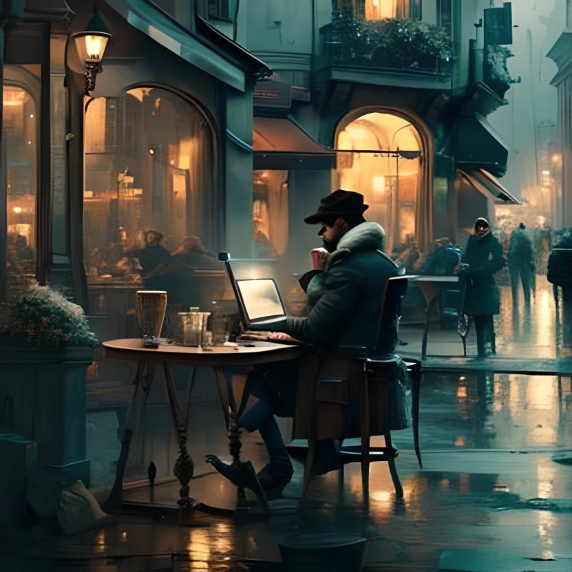 person using a computer at a coffee shop, wet cobblestone EU streets, dim light, city lights, foggy cloudy evening