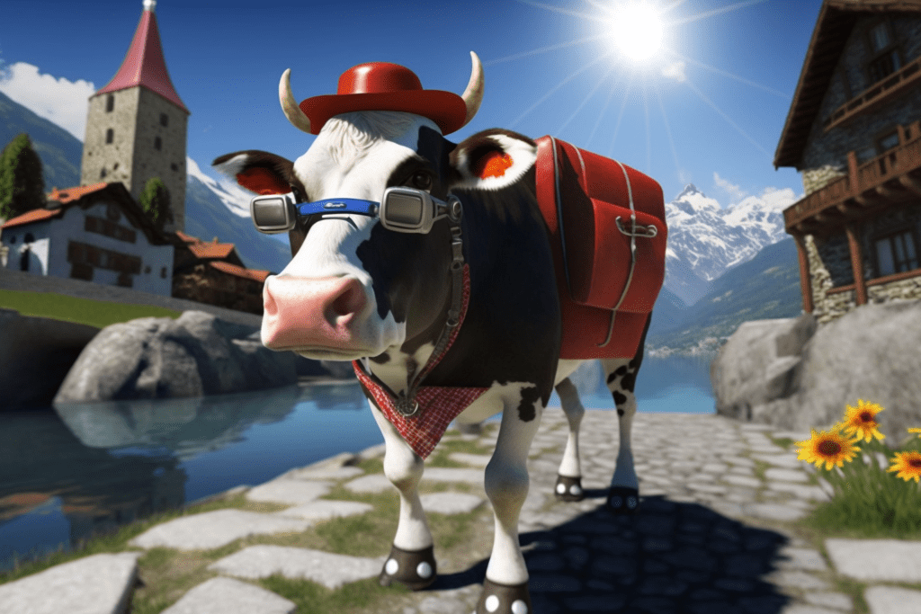 AI Generated cow in a Swiss city