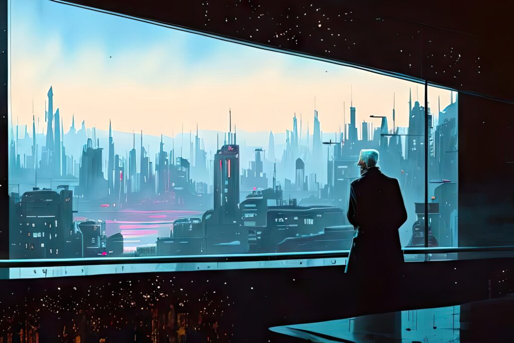 a futuristic city viewed from a room through a window