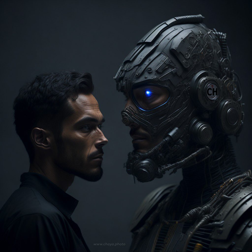Man and machine looking deep into each other's eyes. Friends or foes?