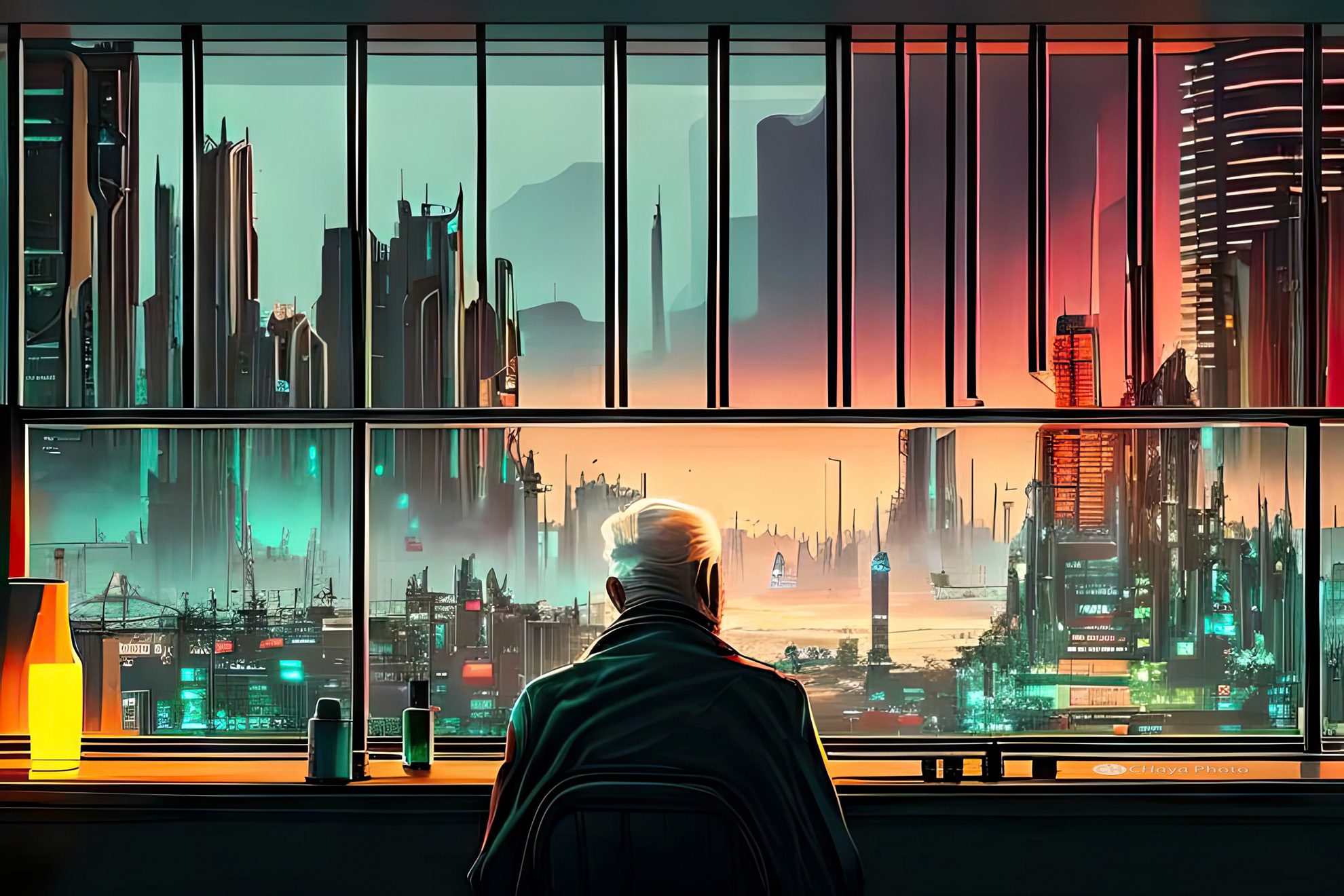 An old man looks at a futuristic dystopian city