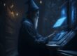 a wizard operating a computer in a magic room