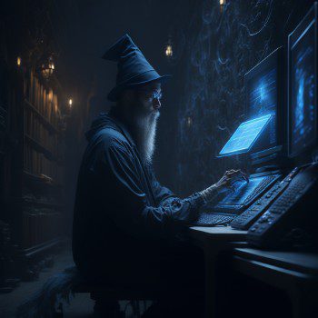 a wizard operating a computer in a magic room