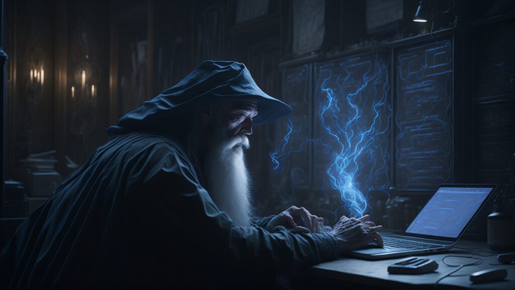 a wizard with electrical hands operating a computer in a magic room