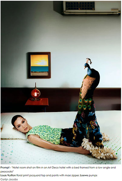 Prompt - "Hotel room shot on film in an Art Deco hotel with a bed framed from a low angle and peacocks"
Louis Vuitton floral print jacquard top and pants with maxi zipper, Loewe pumps
Carlijn Jacobs