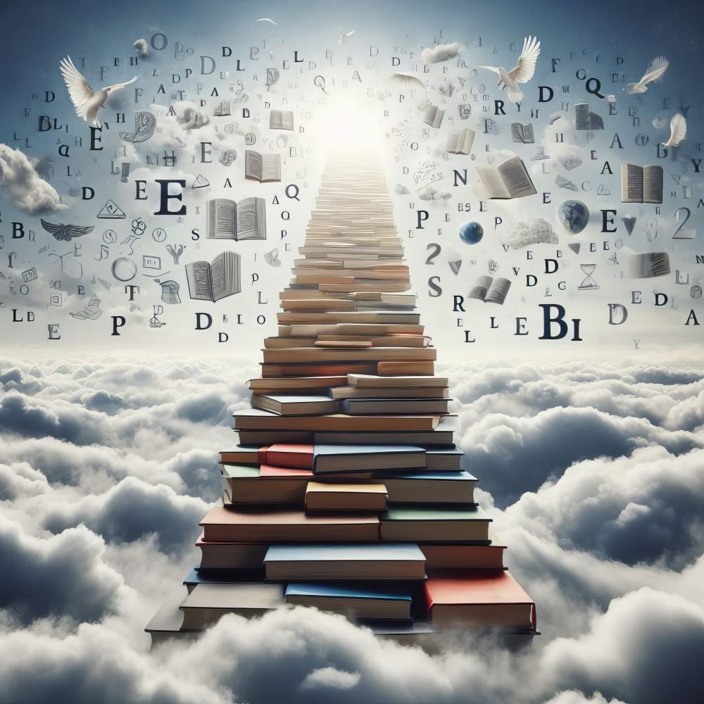 a staircase made of books raising to the clouds with many letters and symbols symbolising knowledge floating in the sky; education concept;