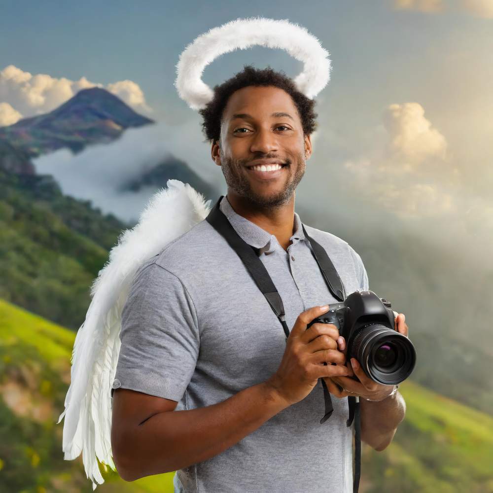 a male photographer with an angel's halo holding a camera