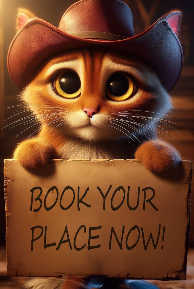 puss in boots with big captivating eyes holding a sign saying BOOK NOW